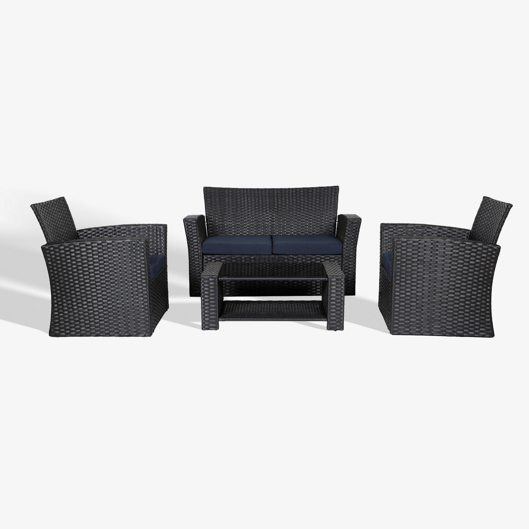 Coastal 4-Piece set Black color base Outdoor / Patio Wicker Rattan Conversation Sofa set with cushions and a Coffee table ( 4 seater )