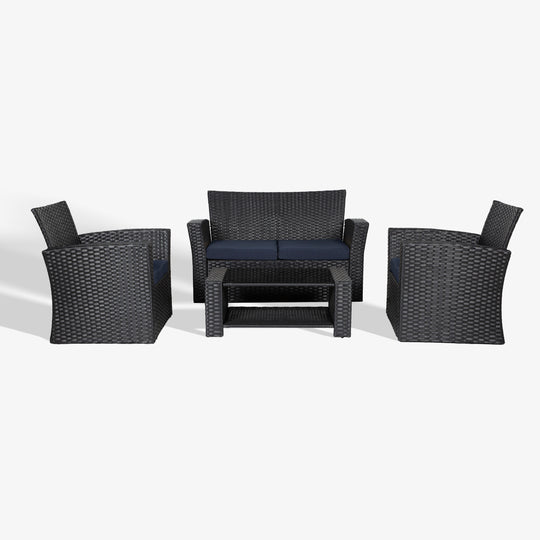 Coastal 4-Piece set Black color base Outdoor / Patio Wicker Rattan Conversation Sofa set with cushions and a Coffee table ( 4 seater )