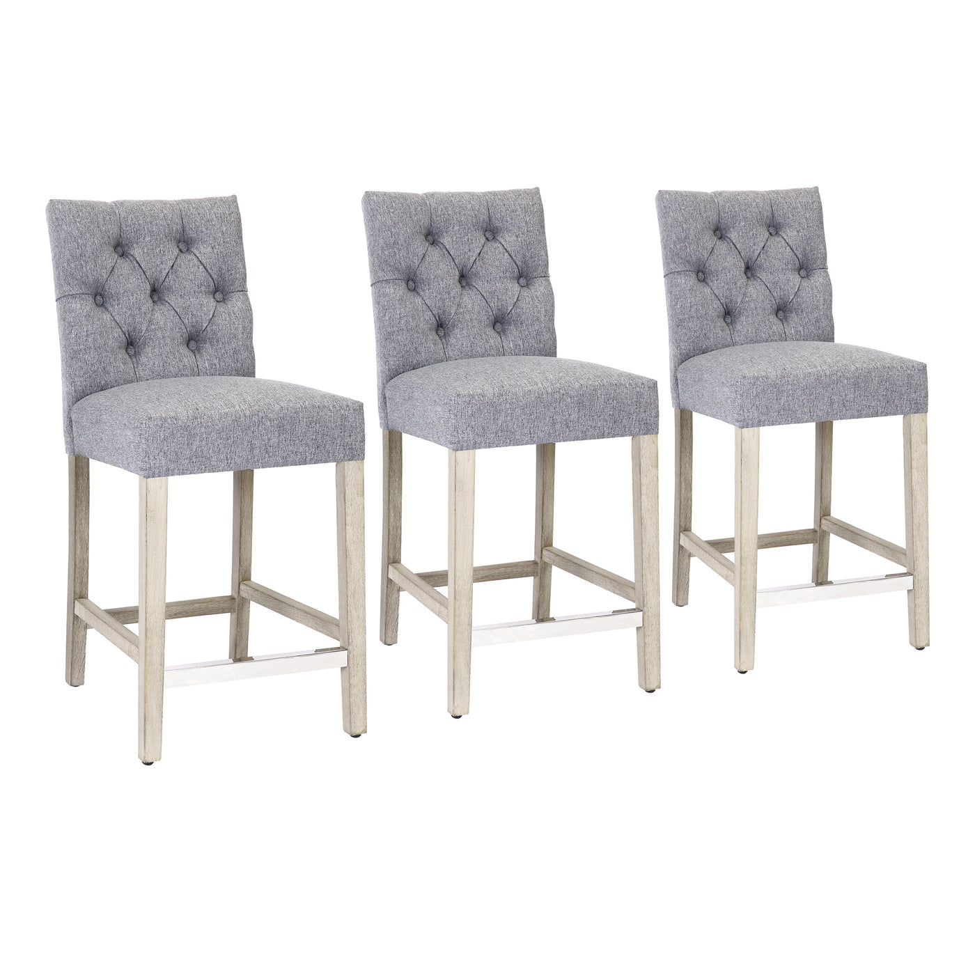Hayes 24" Linen Fabric Tufted Counter Stool (Set of 3), Antique Gray