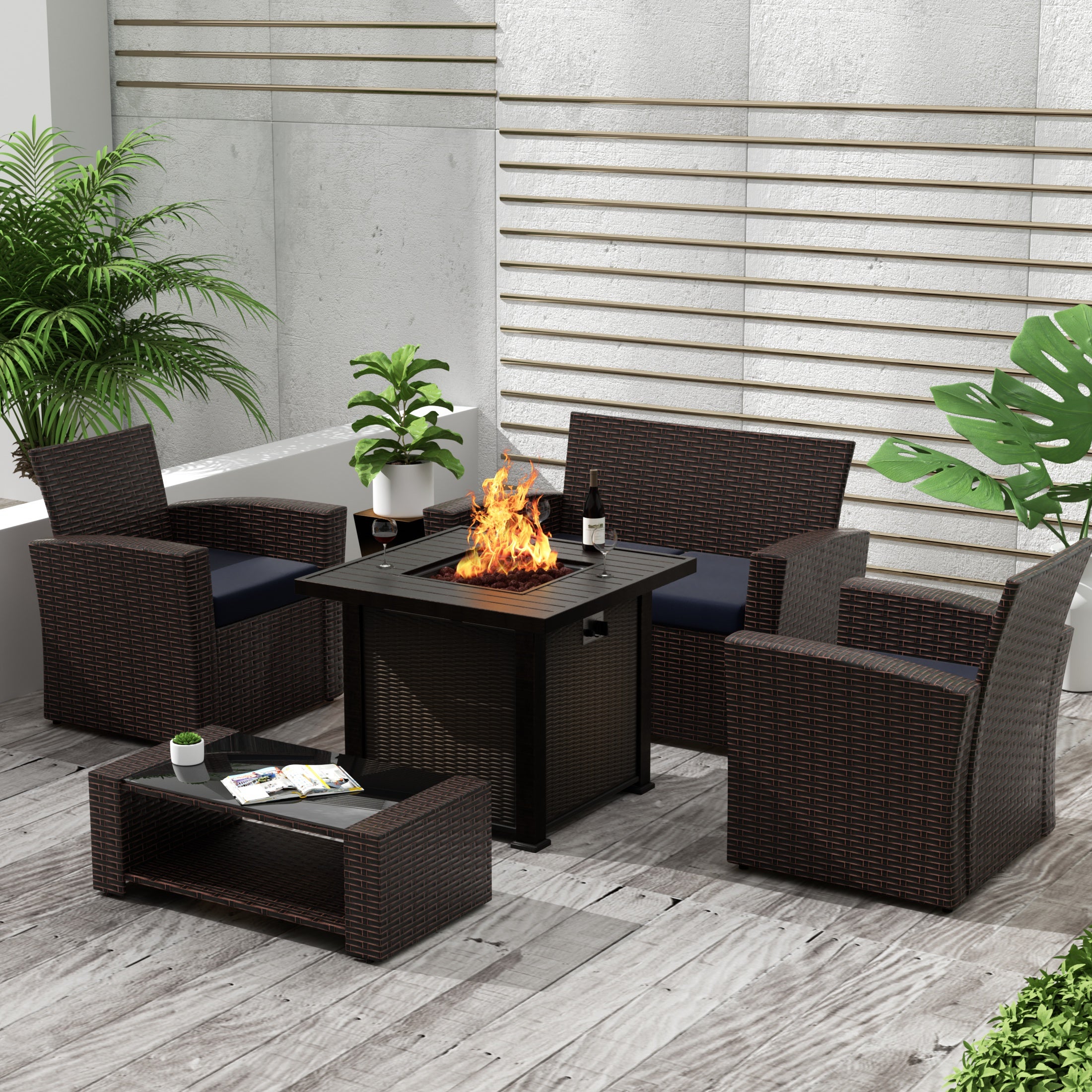 Coastal 4-Piece Conversation Outdoor Patio Sofa Set with Square Fire Pit Table, Chocolate