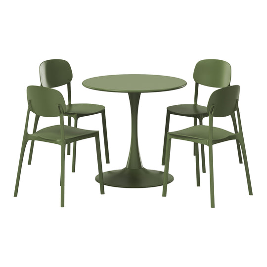 Playa 5-Piece Indoor Outdoor Metal Round Patio Dining Table Set With Stackable Resin Patio Side Chairs