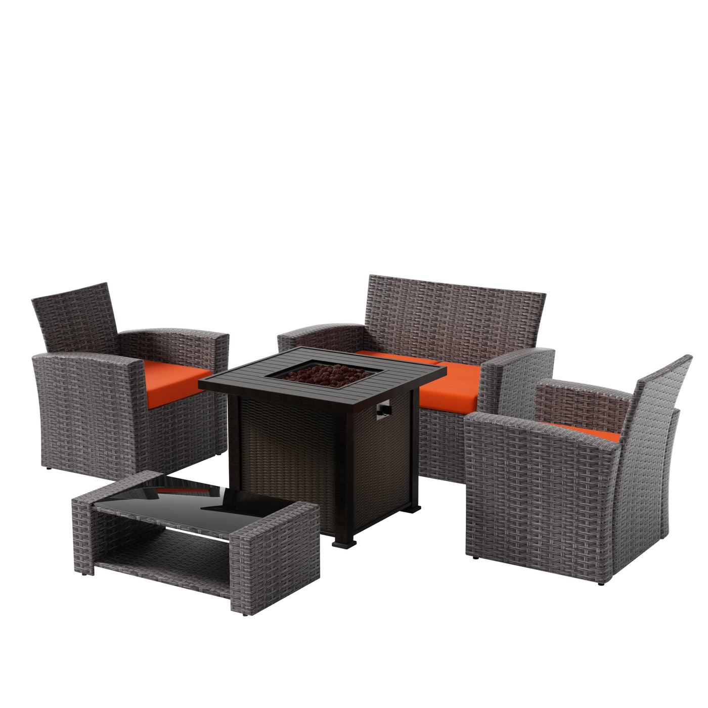 Coastal 4-Piece Gray Outdoor Patio Conversation Sofa Set with Square Fire Pit Table