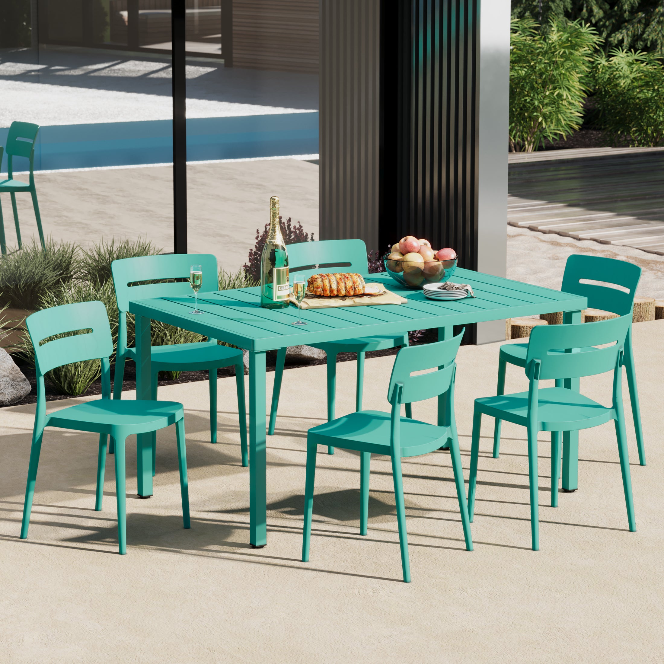 Playa 7-Piece Outdoor Rectangular Metal Patio Dining Table Set With Stackable Patio Chairs