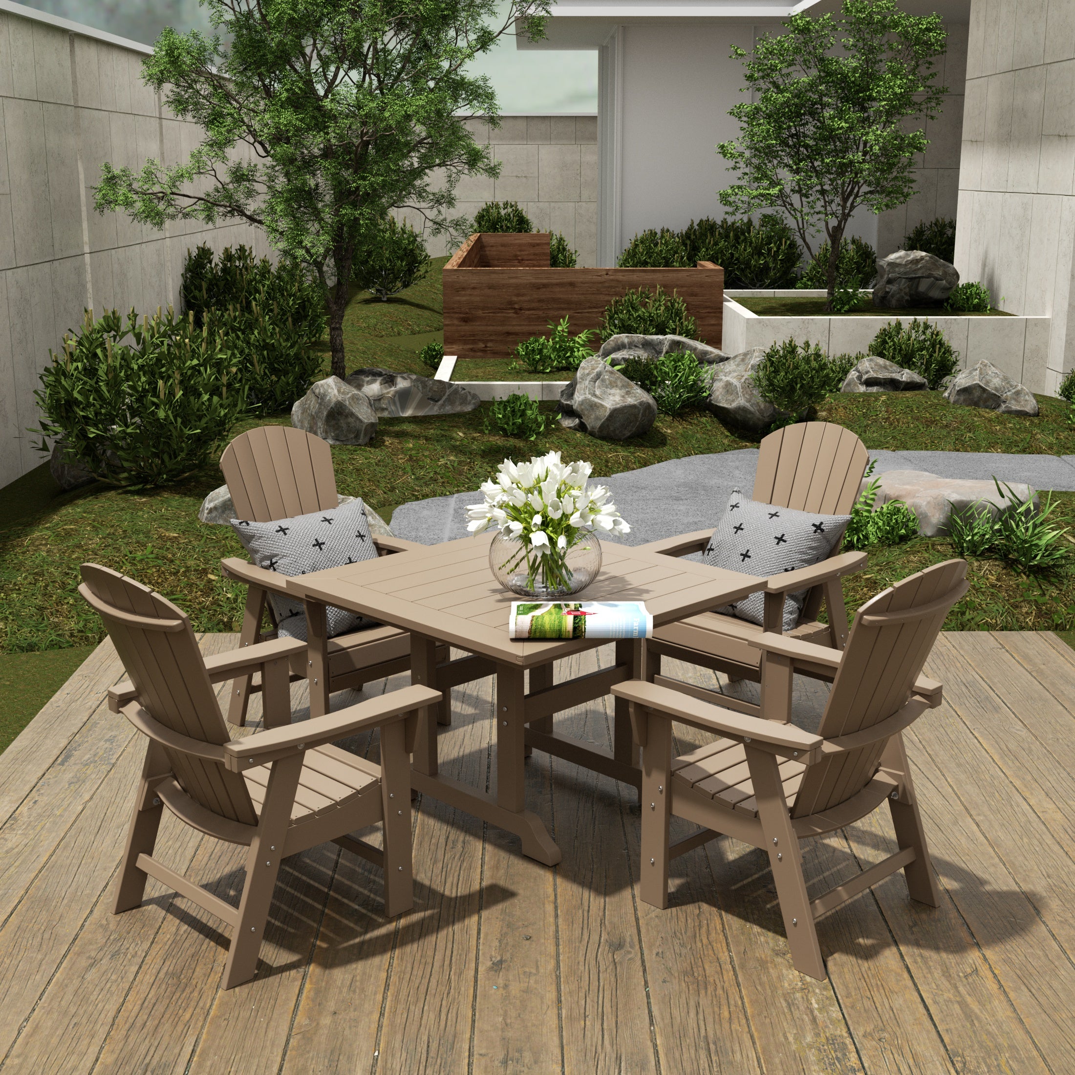 Dylan 5 Piece Outdoor Patio Dining Square Table and Shell Back Armchair Set