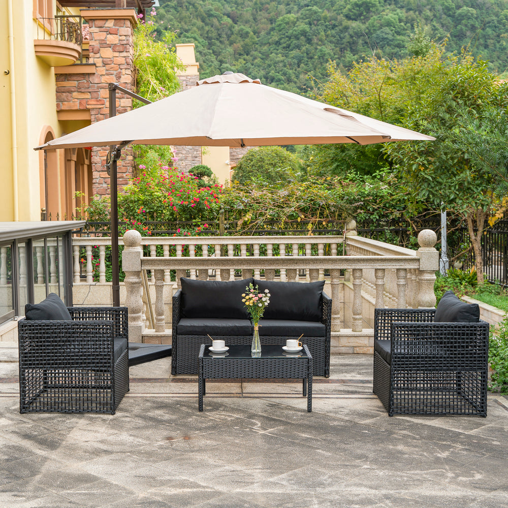 Melvi 4-Piece set Black color base Outdoor / Patio Woven Rattan Conversation Sofa set with cushions, throw pillows and a Coffee table ( 4 seater )