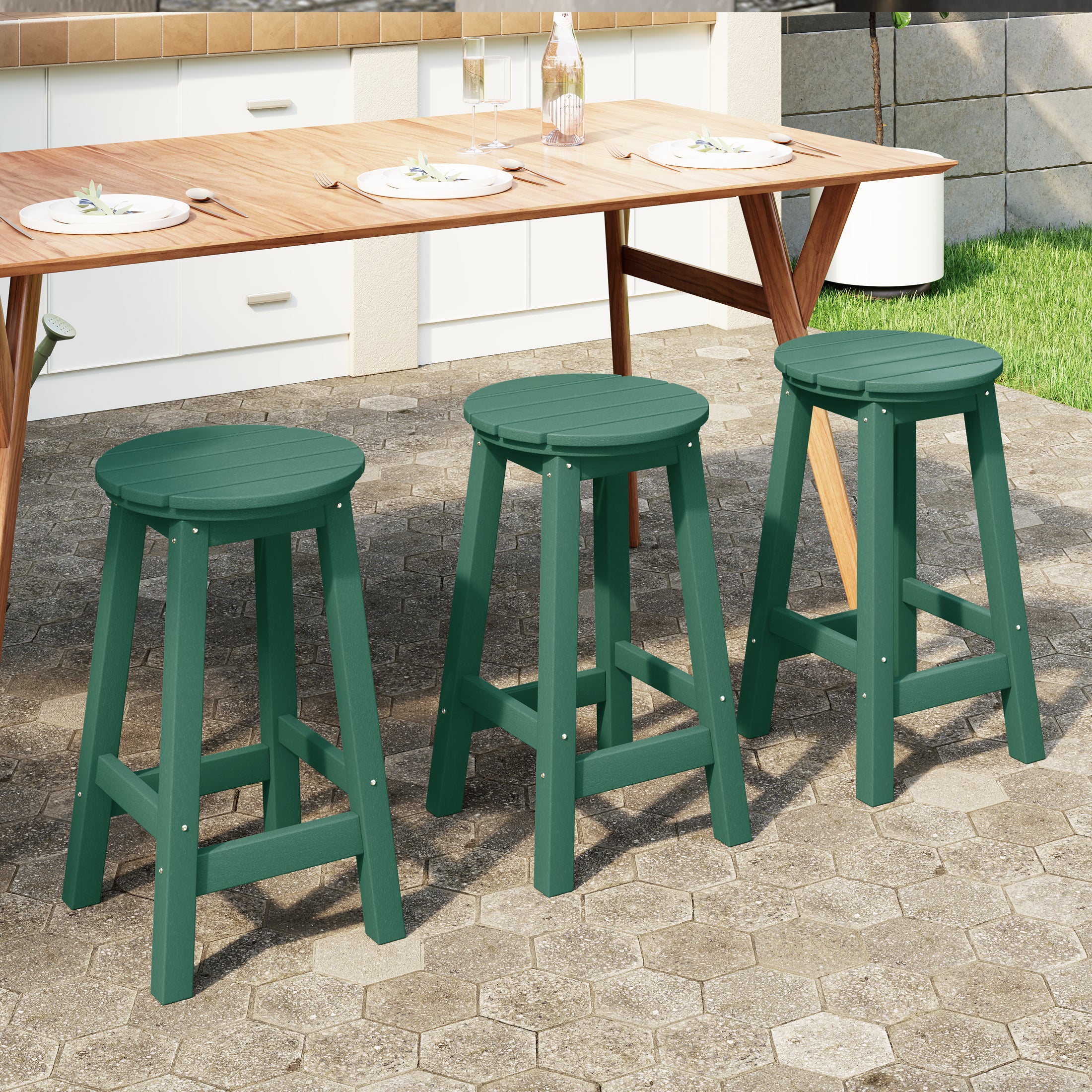 Malibu 24" HDPE Outdoor Patio Round Counter Height Bar Stool Set of 3