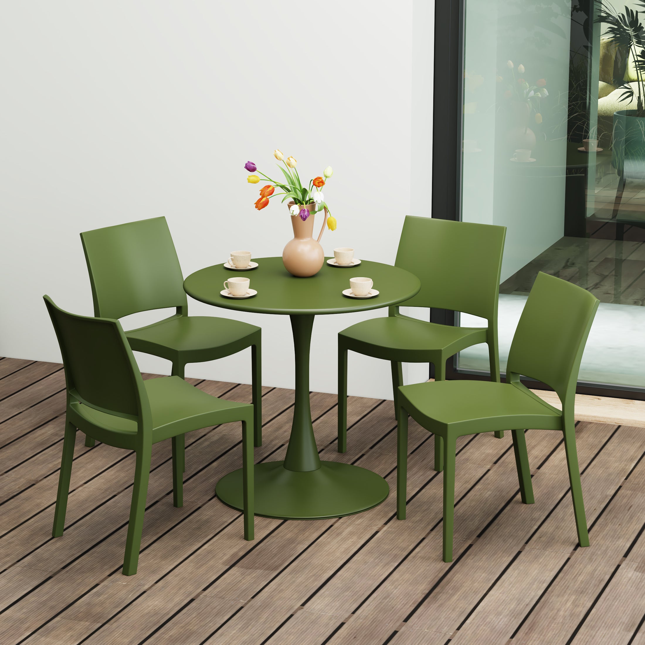 Playa 5-Piece Indoor Outdoor Round Metal Patio Dining Table Set With Stackable Patio Dining Side Chairs