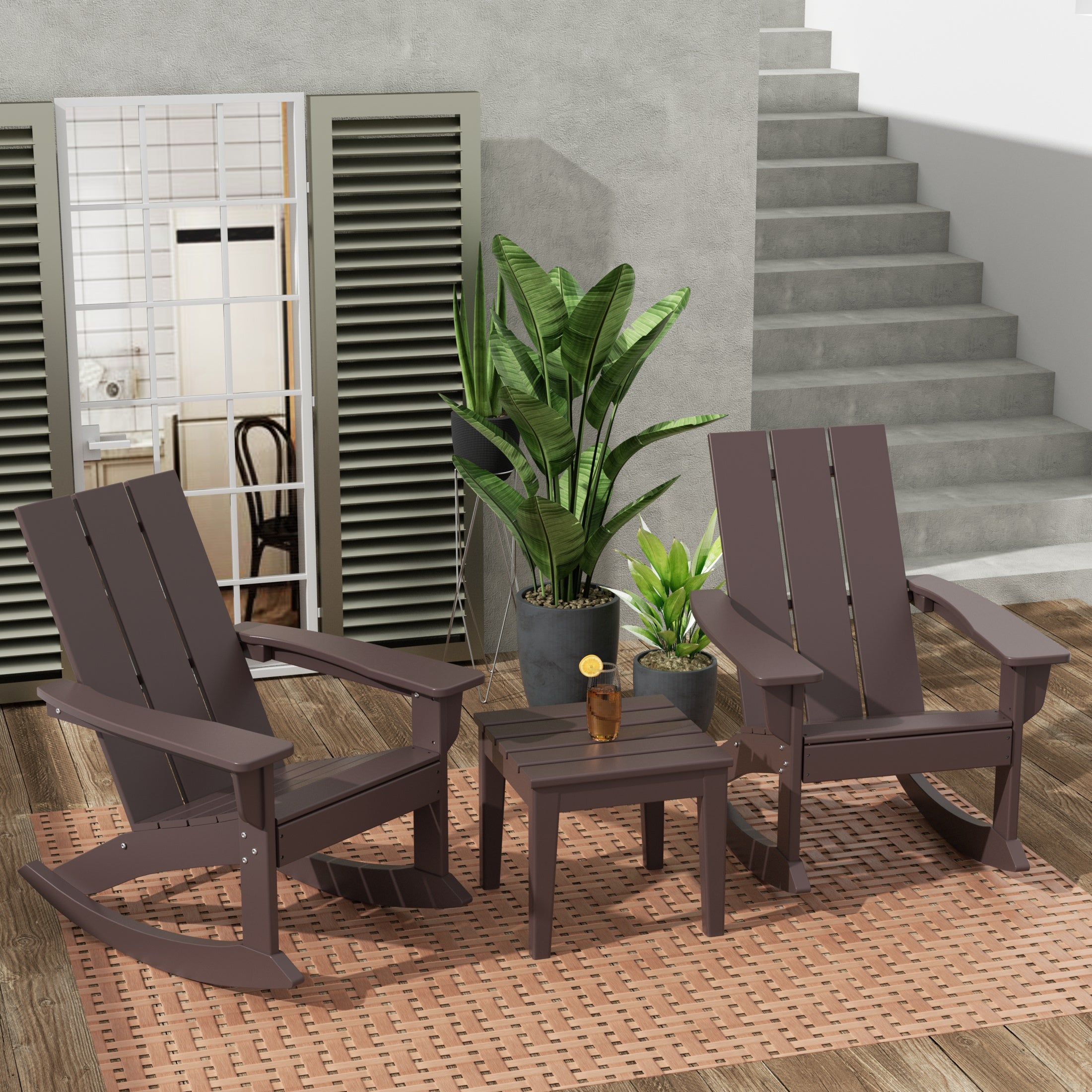 Ashore Modern Rocking Poly Adirondack Chair With Side Table 3-Piece Set