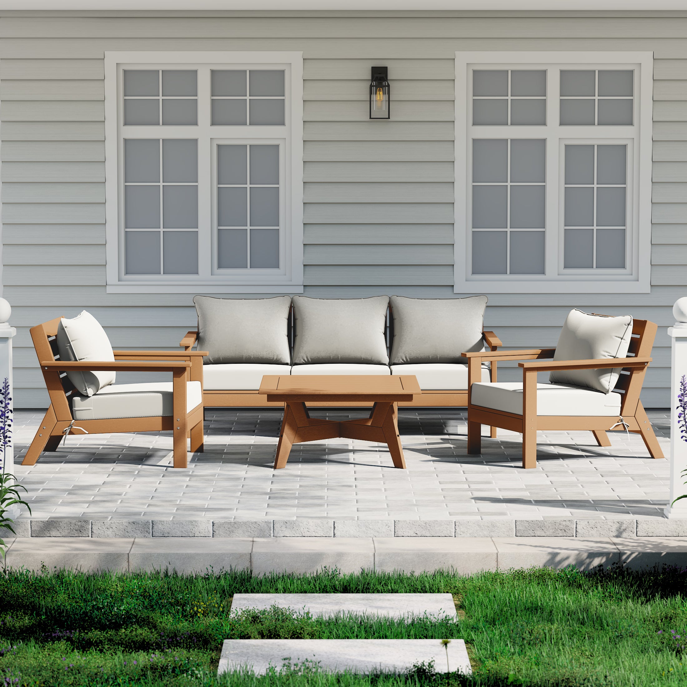 Avalon Outdoor 6-Piece Modular Sectional Patio Furniture Sofa Set in Teak Color Frame
