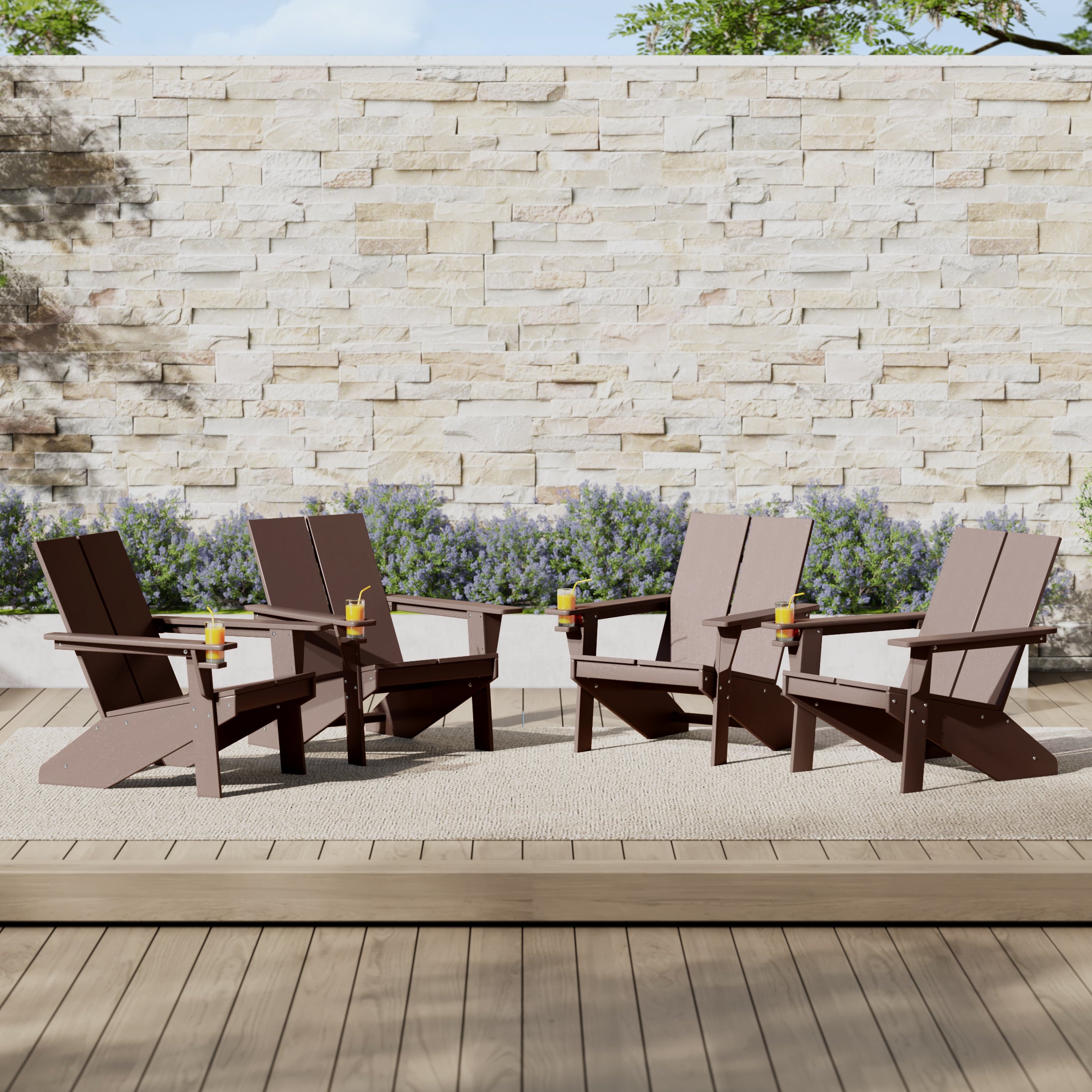 Riviera Outdoor HDPE Modern Adirondack Chair with Cup Holder (Set of 4)