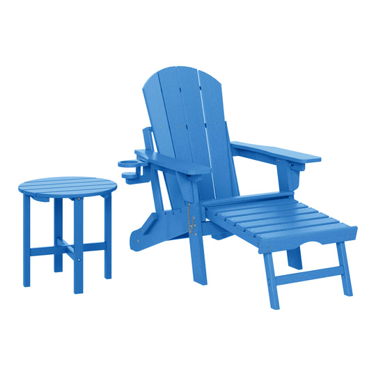 Malibu 2-Piece Outdoor Folding Adjustable Adirondack Chair with Cup Holder & Hideaway Ottoman and 18" Side Table