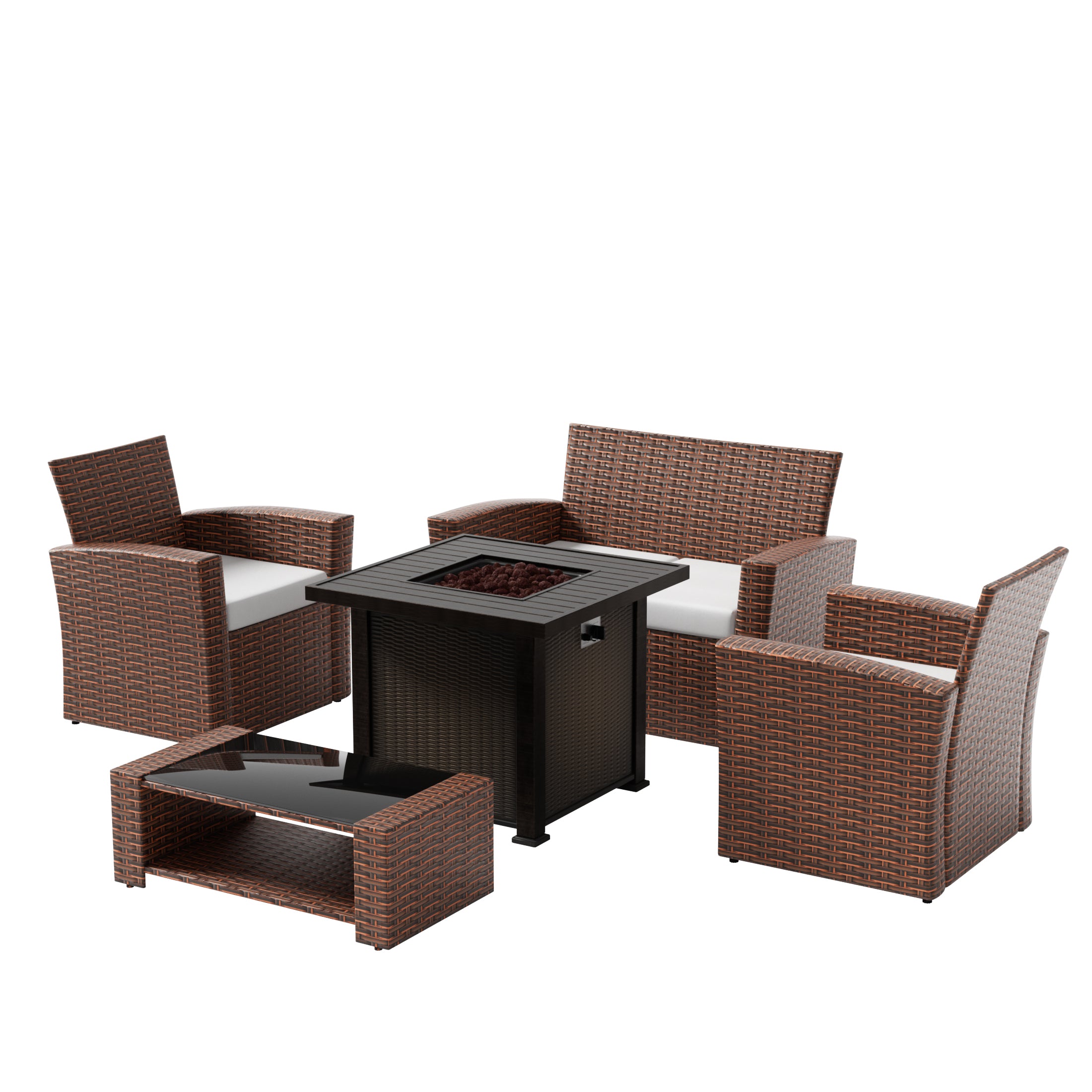 Coastal 4-Piece Conversation Outdoor Patio Sofa Set with Square Fire Pit Table, Brown