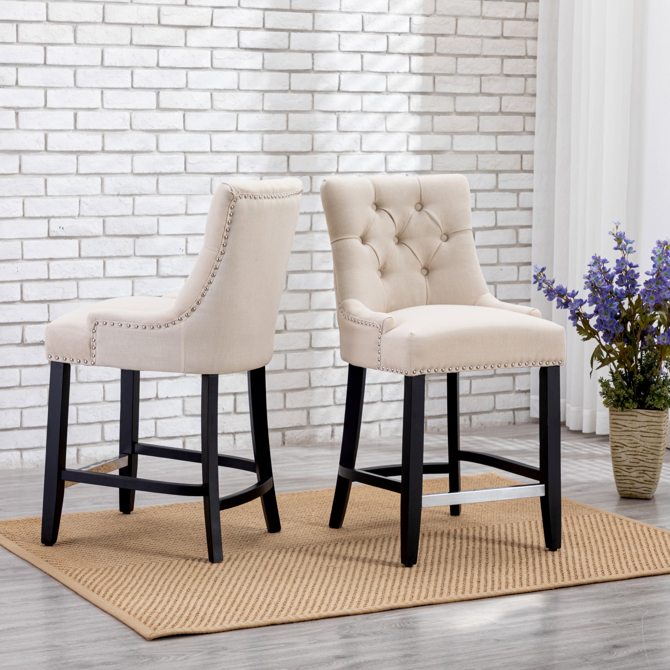 Hayes 24" Upholstered Wood Bar Stool with Tufted Back (Set of 2)