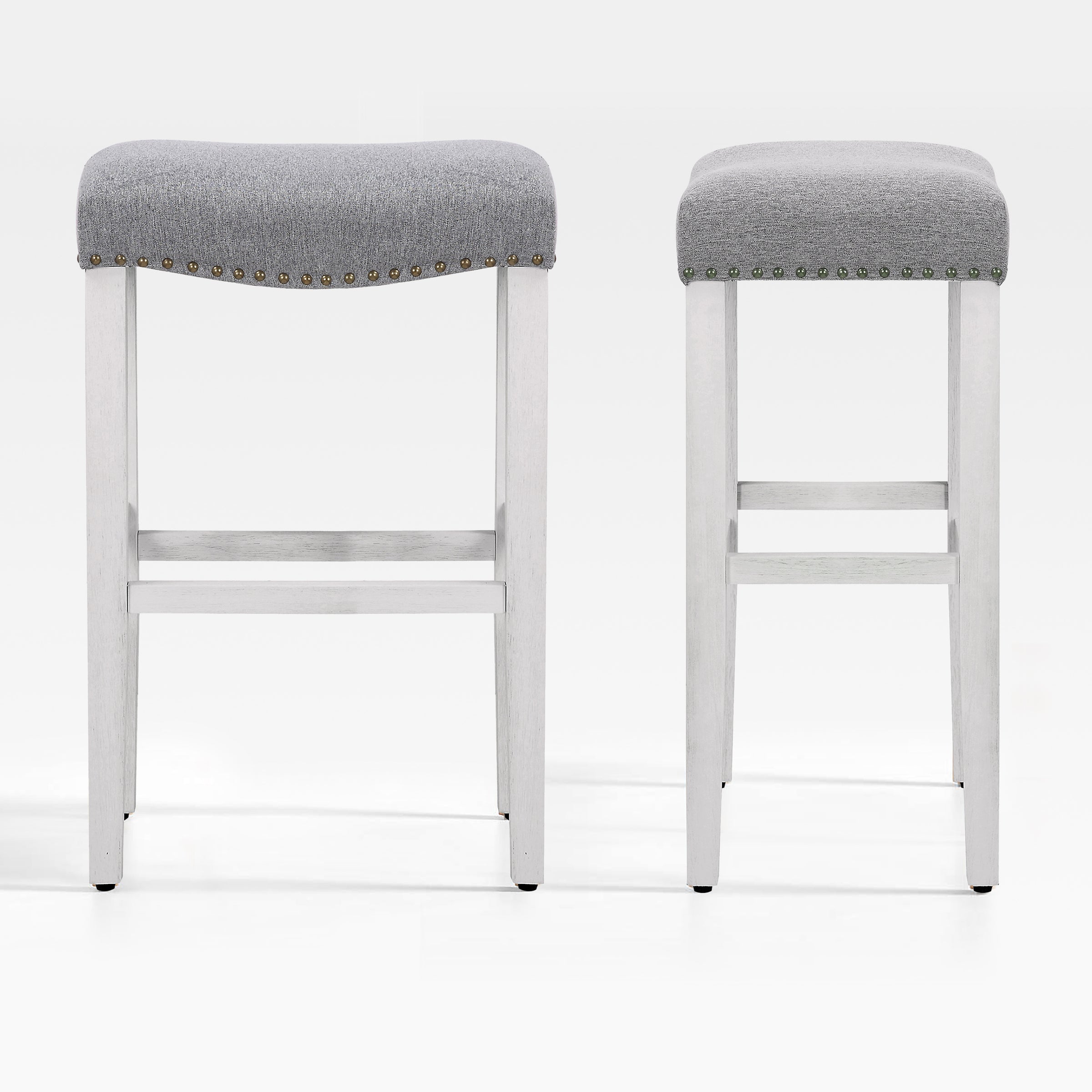 Lenox 29" upholstered nail head bar counter stools with Antique White color legs (2 piece set)