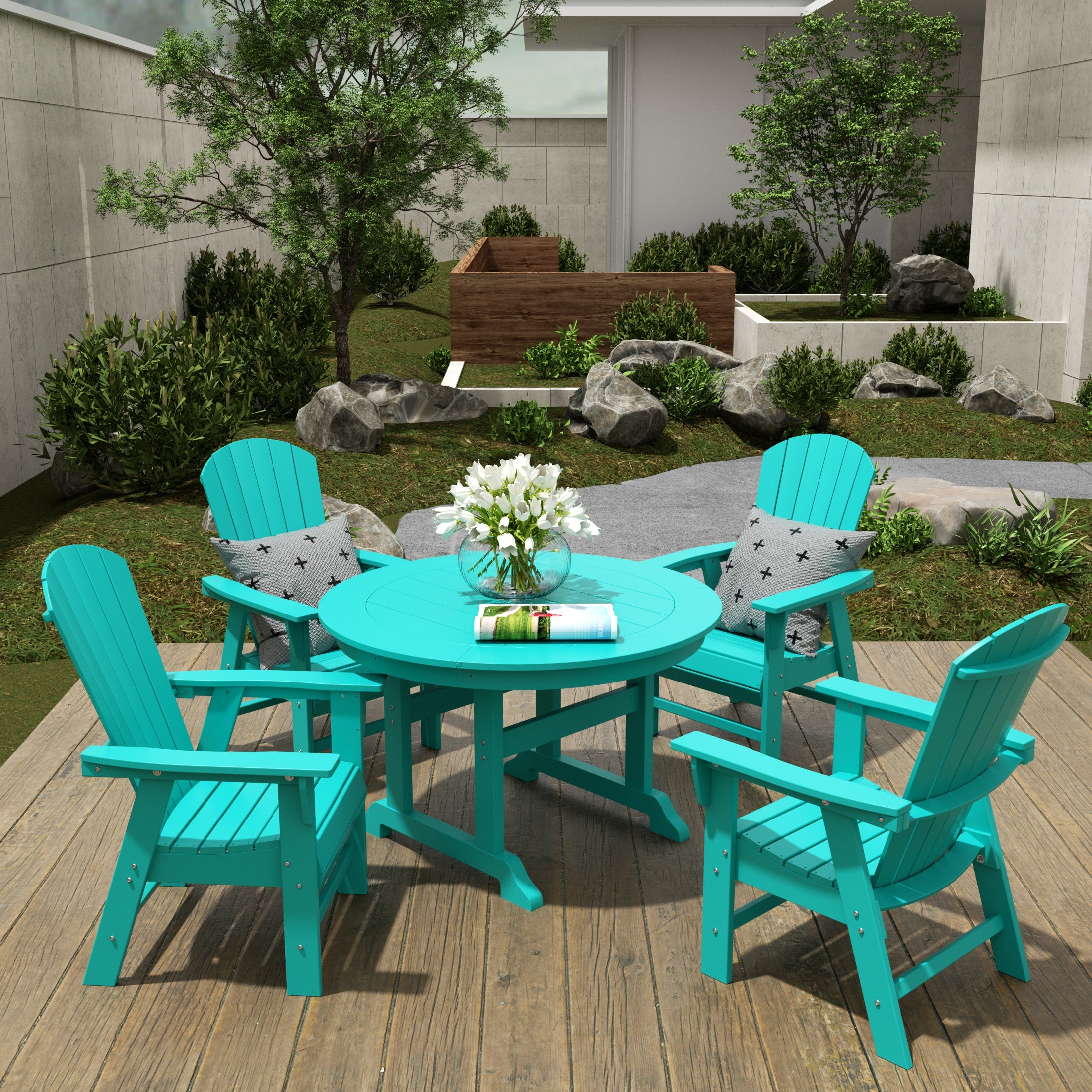 Dylan 5 Piece Outdoor Patio Dining Round Table and Shell Back Armchair Set