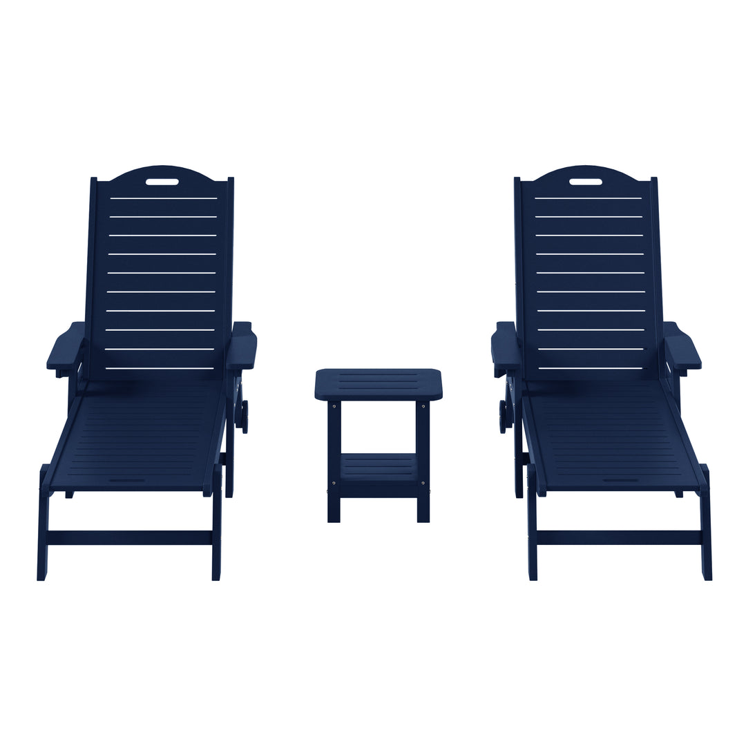 Aruba 3-Piece Outdoor Patio Chaise Lounge Chair with Wheels & Cup Holder with Patio Side Table