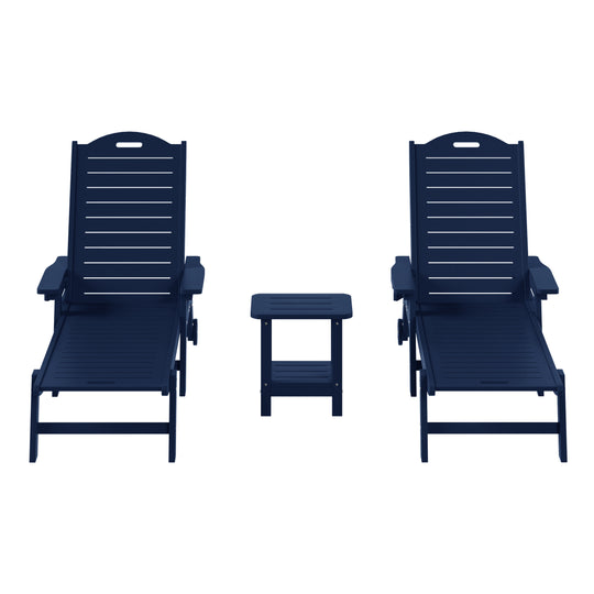 Aruba 3-Piece Outdoor Patio Chaise Lounge Chair with Wheels & Cup Holder with Patio Side Table