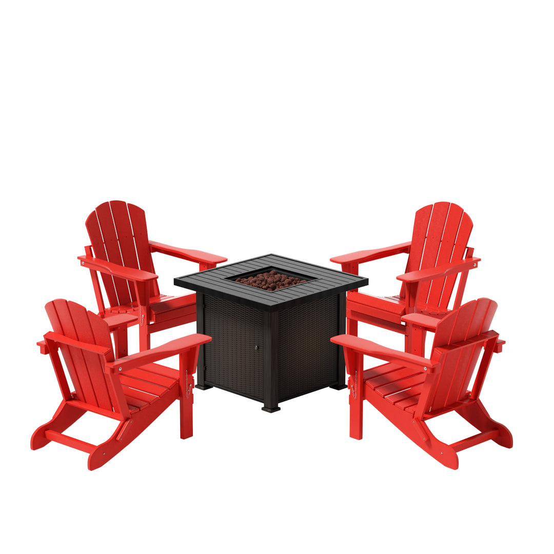 Malibu Modern Folding Poly Adirondack Chair With Square Fire Pit Table Set