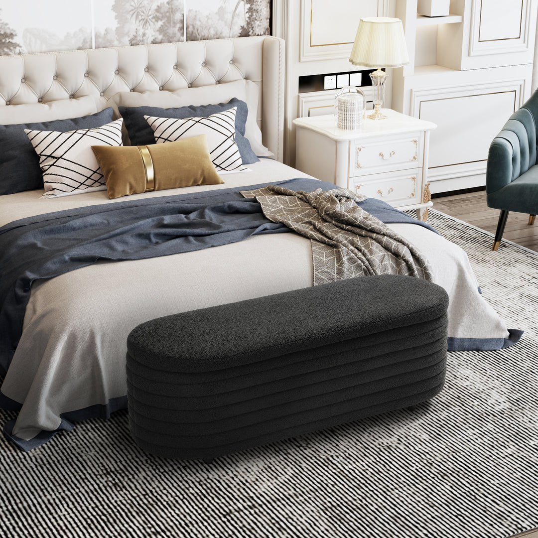 Alexandria 54" Wide Mid-Century Modern Upholstered Teddy Sherpa Tufted Oval Storage Ottoman Bench