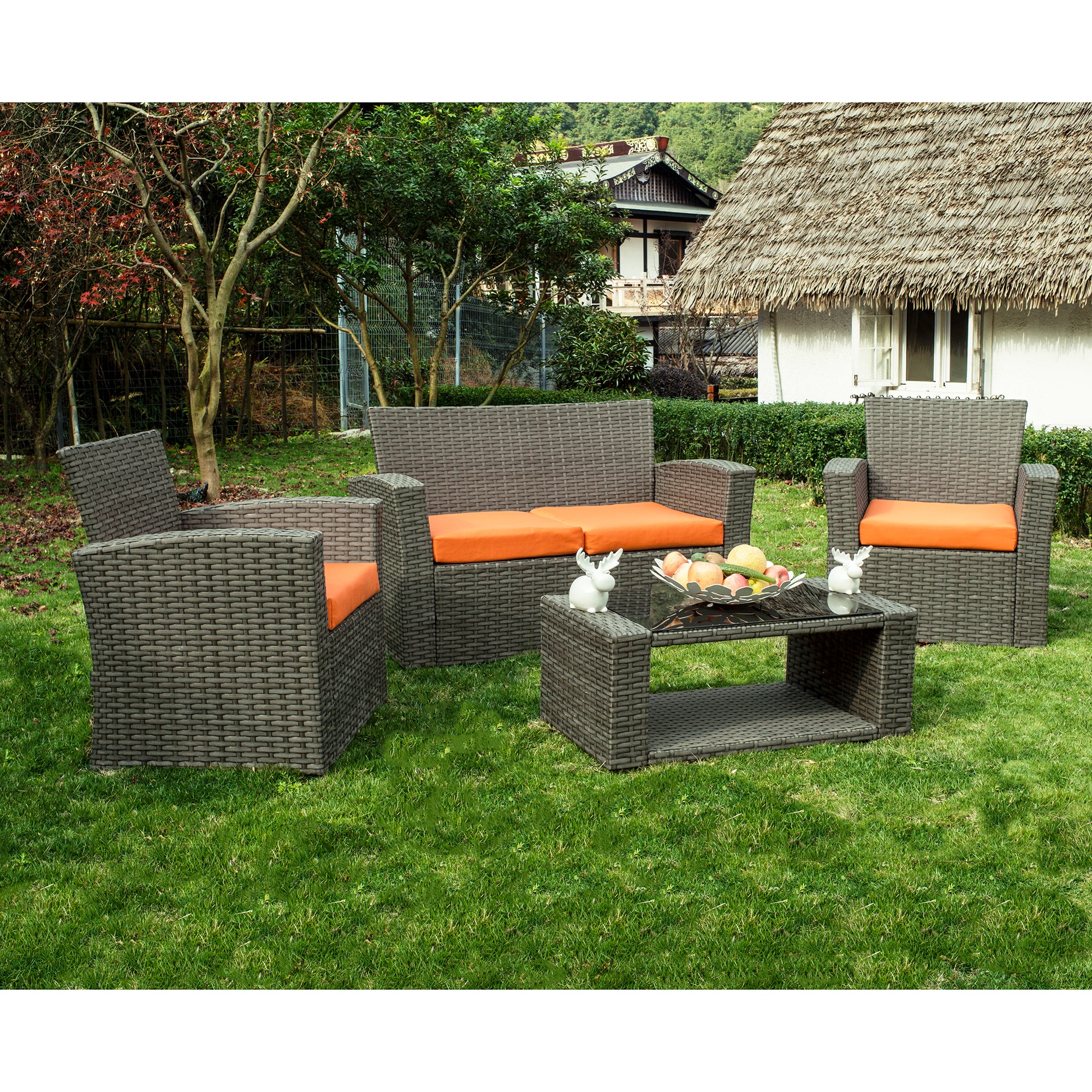Coastal 4-Piece set Gray color base Outdoor / Patio Wicker Rattan Conversation Sofa set with cushions and a Coffee table ( 4 seater )