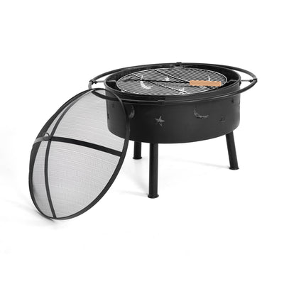 Creekside Outdoor Star and Moon Steel Burning Round Fire Pit with Wire Mesh Lid