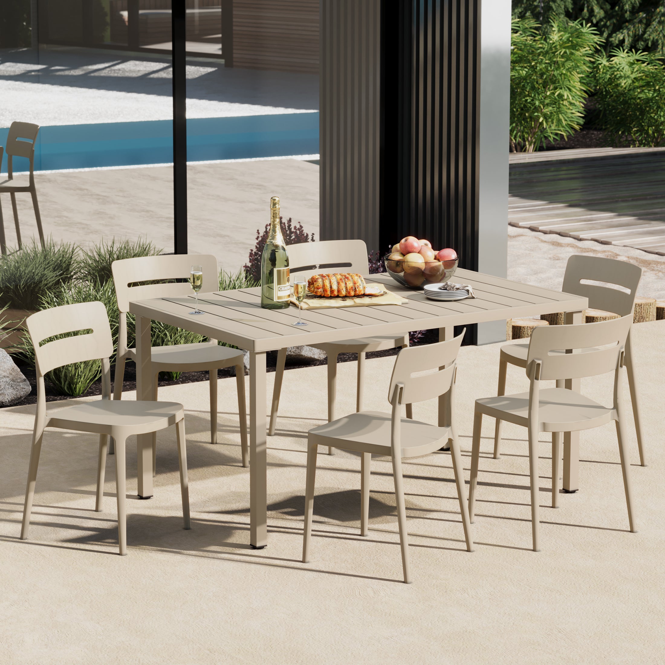 Playa 7-Piece Outdoor Rectangular Metal Patio Dining Table Set With Stackable Patio Chairs