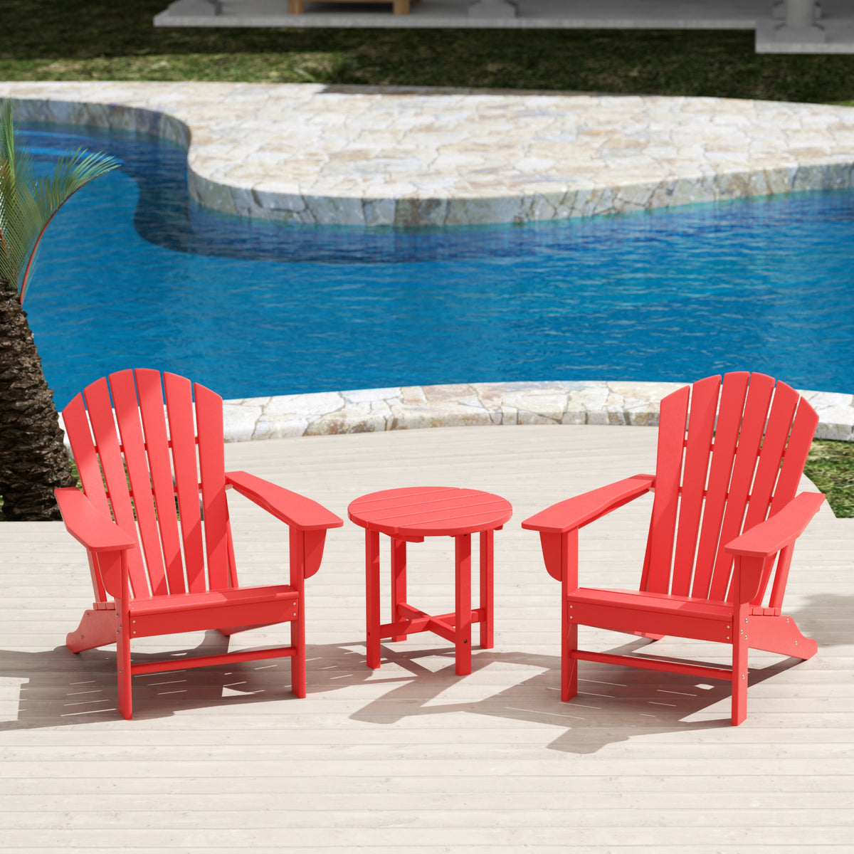 Dylan Adirondack chair set with side table in Red styled outdoors