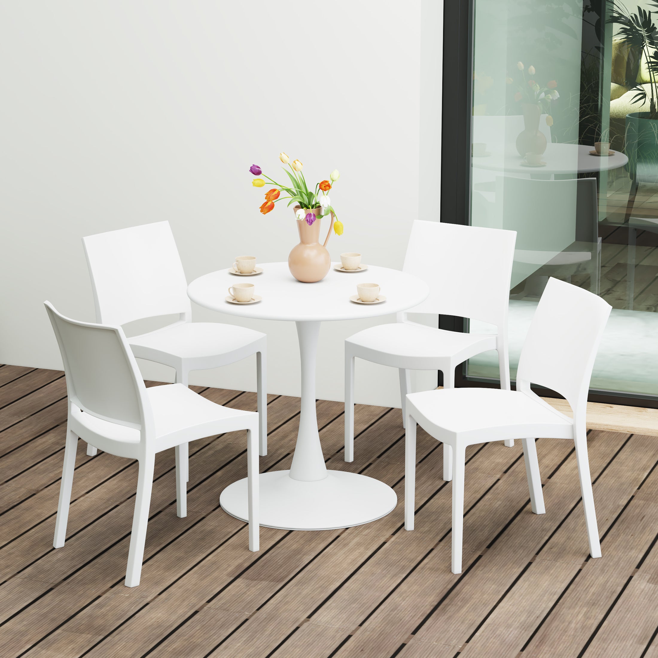 Playa 5-Piece Indoor Outdoor Round Metal Patio Dining Table Set With Stackable Patio Dining Side Chairs