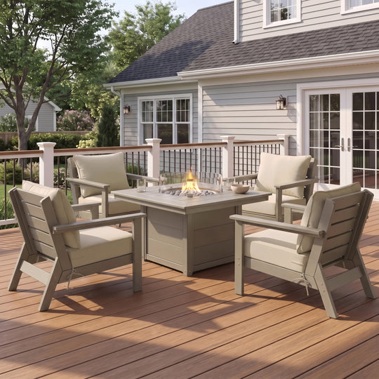 Avalon 5-Piece HDPE Patio Conversation Set with Cushions &amp; Square 42" Fire Pit Table