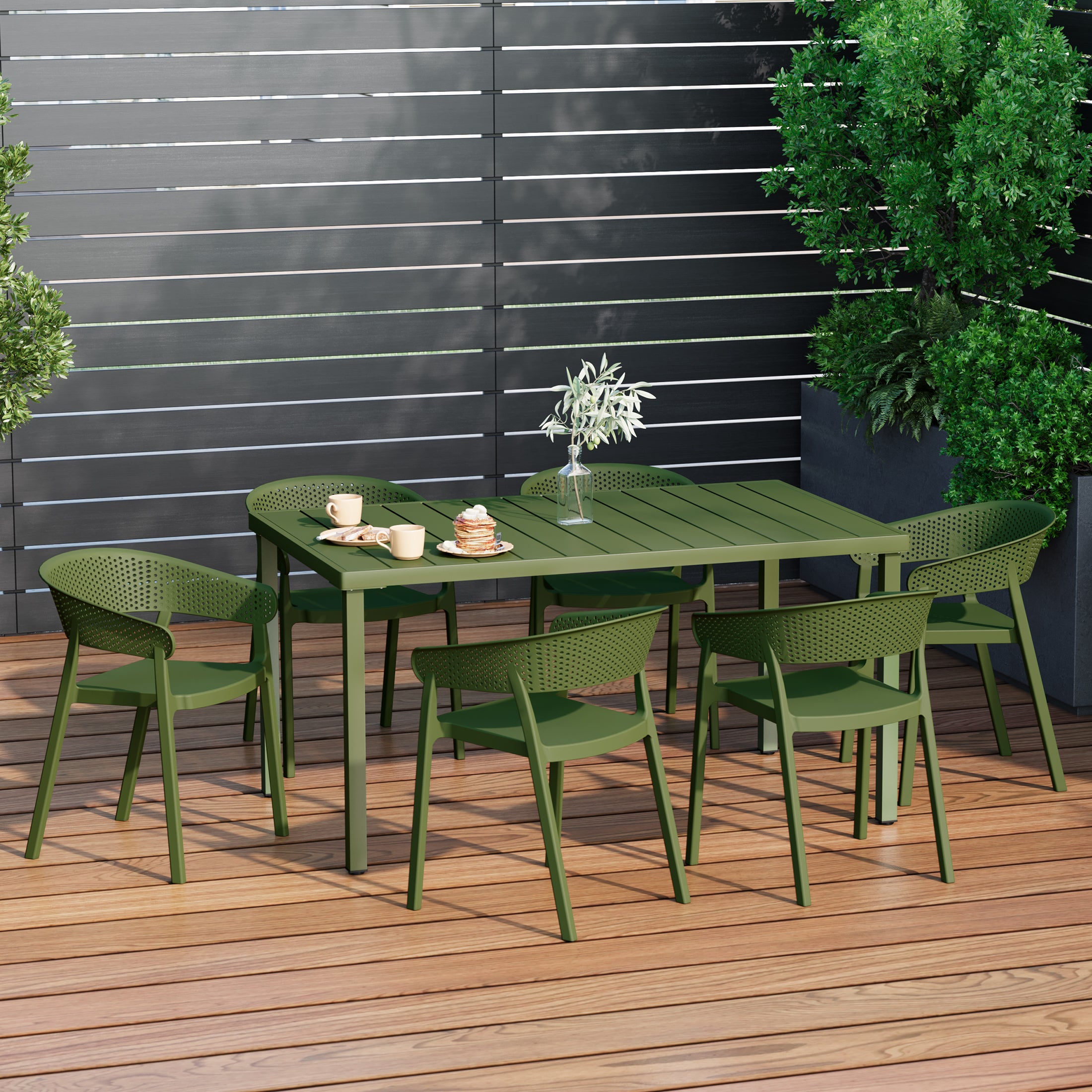 Playa 7-Piece Outdoor Metal Rectangle Patio Dining Table Set With Stackable Patio Dining Chairs