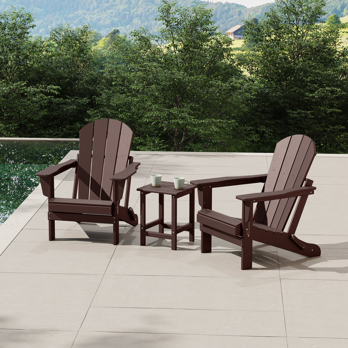 Malibu Adirondack chair set with side table in Dark Brown styled outdoors