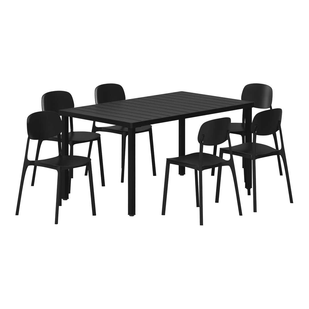 Playa 7-Piece Outdoor Rectangular Metal Patio Dining Table Set With Mid-Century Modern Stackable Patio Side Chairs