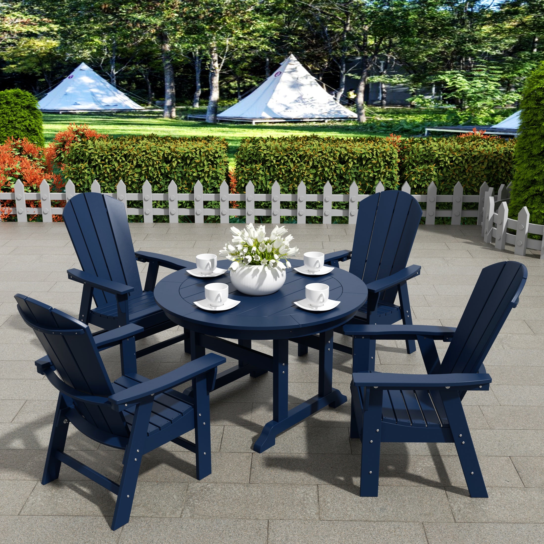 Malibu 5 Piece Outdoor Patio Dining Round Table and Curved Back Armchair Set
