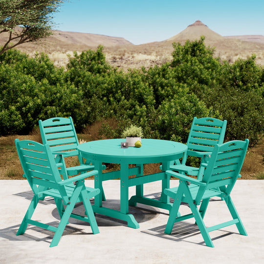 Malibu 5-Piece HDPE Round Patio Dining Table Set with Foldable Chairs