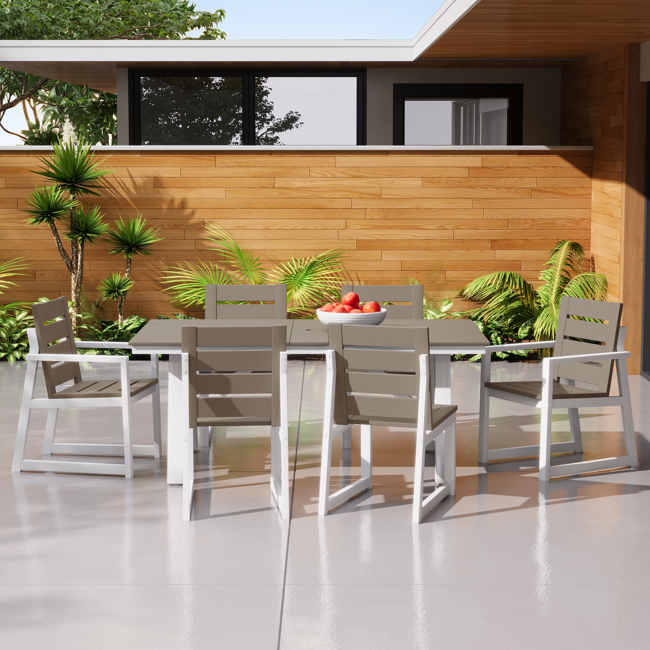 Cape May 7-Piece HDPE Outdoor Furniture Patio Dining Table With Umbrella Hole and Chairs Set For 6