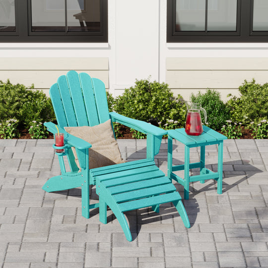 Highland 3-Piece Adirondack Chair with Cup Holder and Folding Ottoman and Table Set