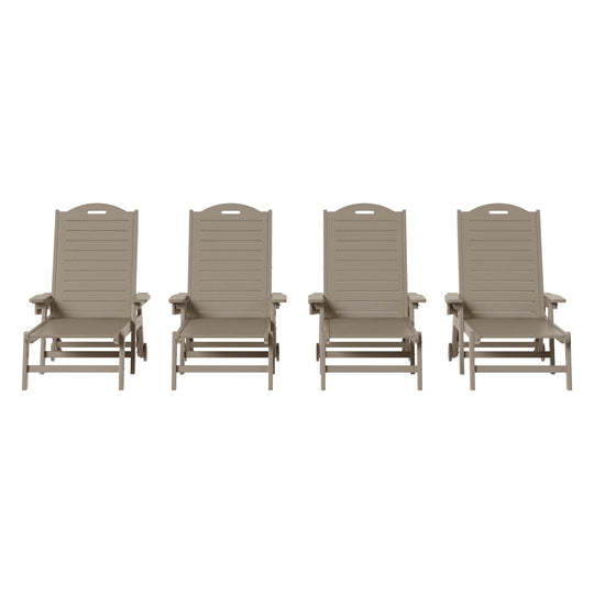 Aruba Outdoor HDPE Patio Chaise Lounges With Wheels & Cup Holder (Set of 4)