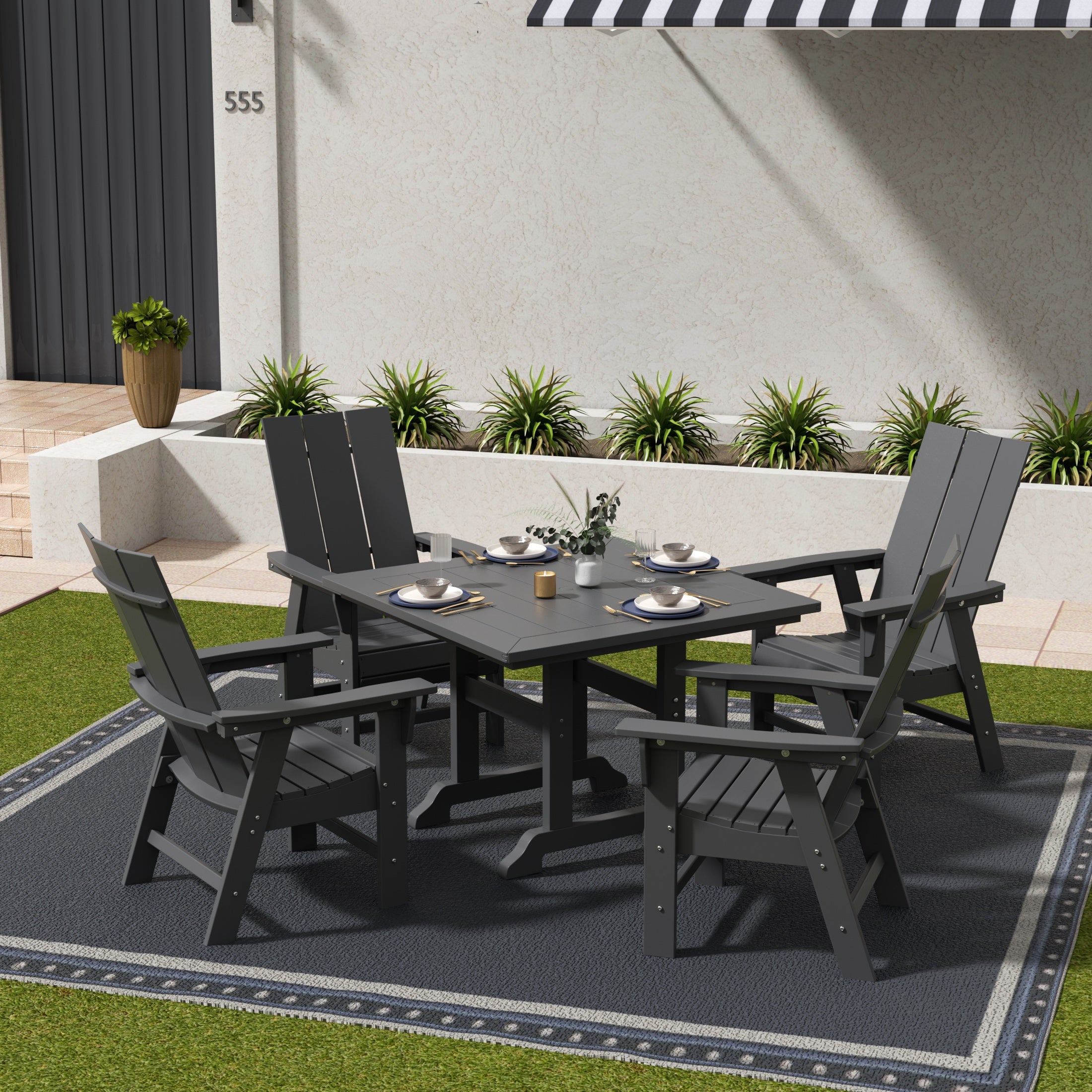 Ashore 5 Piece Outdoor Patio Dining Square Table and Modern Armchair Set