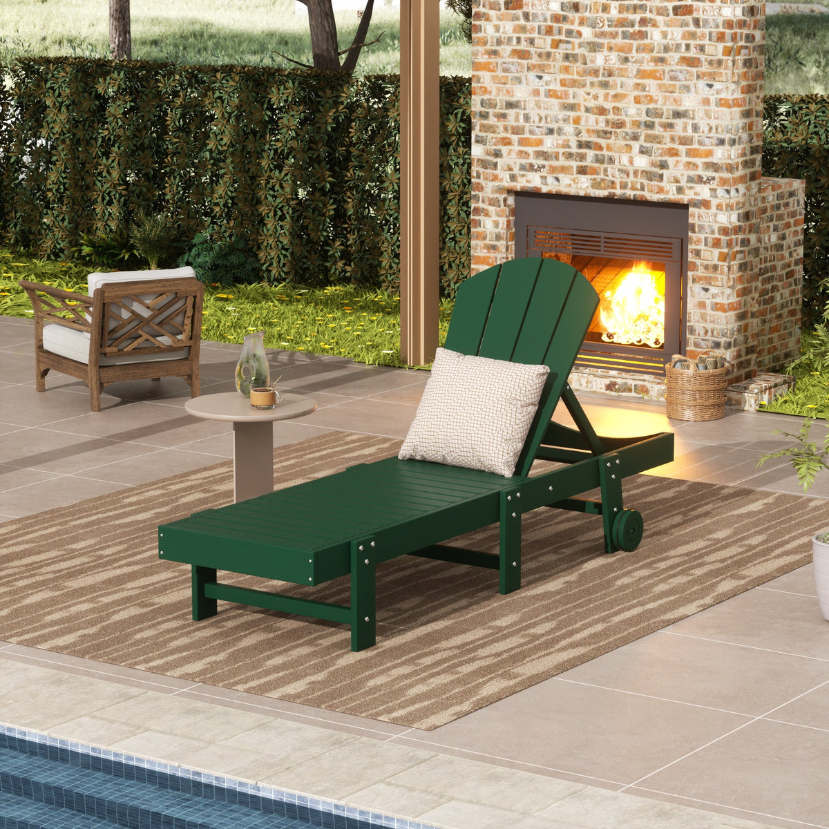 Malibu Adirondack reclining chaise lounge with wheels in Dark Green styled outdoors