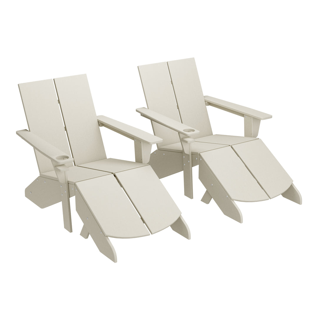 Riviera Outdoor 4-Piece HDPE Modern Adirondack Chairs Set with Folding Patio Ottomans and Cup Holder