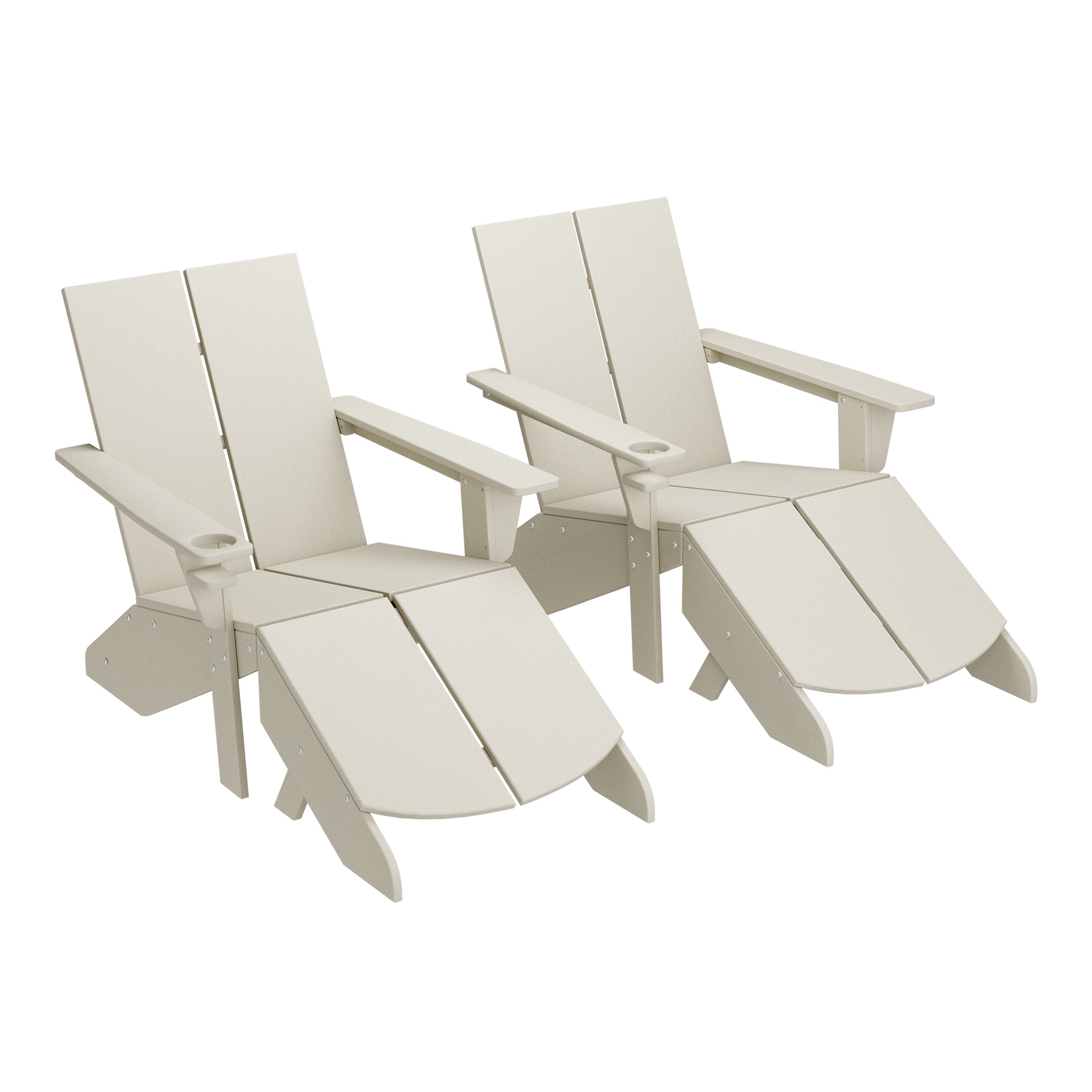 Riviera Outdoor 4-Piece HDPE Modern Adirondack Chairs Set with Folding Patio Ottomans and Cup Holder