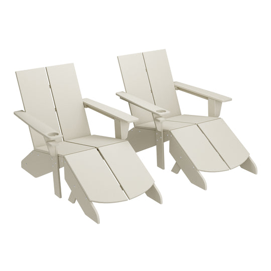Riviera Outdoor 4-Piece HDPE Modern Adirondack Chairs Set with Folding Patio Ottomans and Cup Holder
