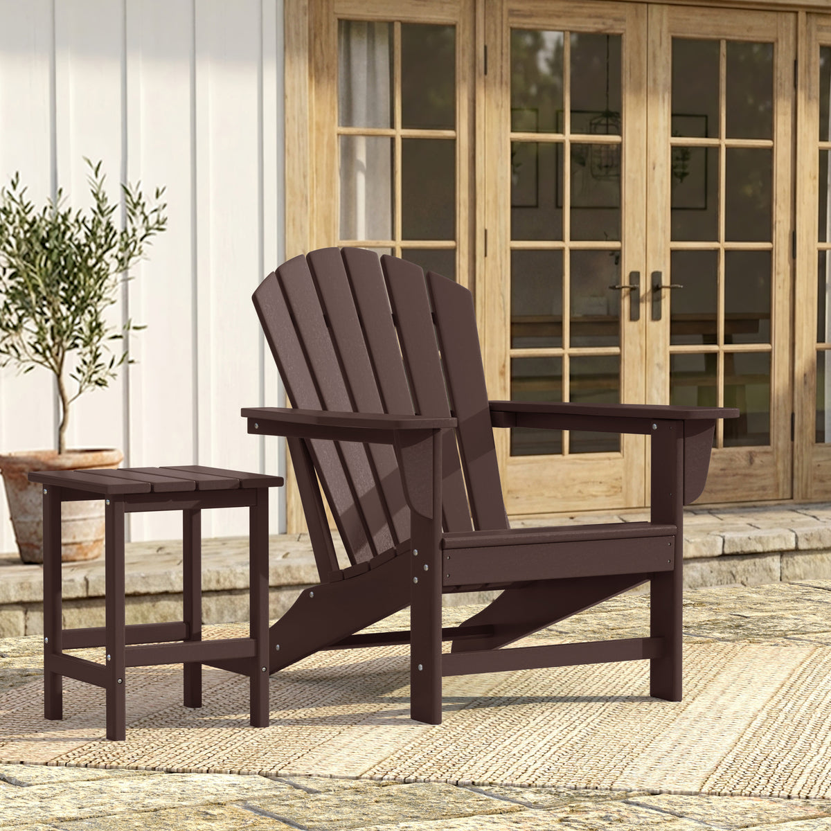 Dylan Adirondack chair in Dark Brown styled outdoors