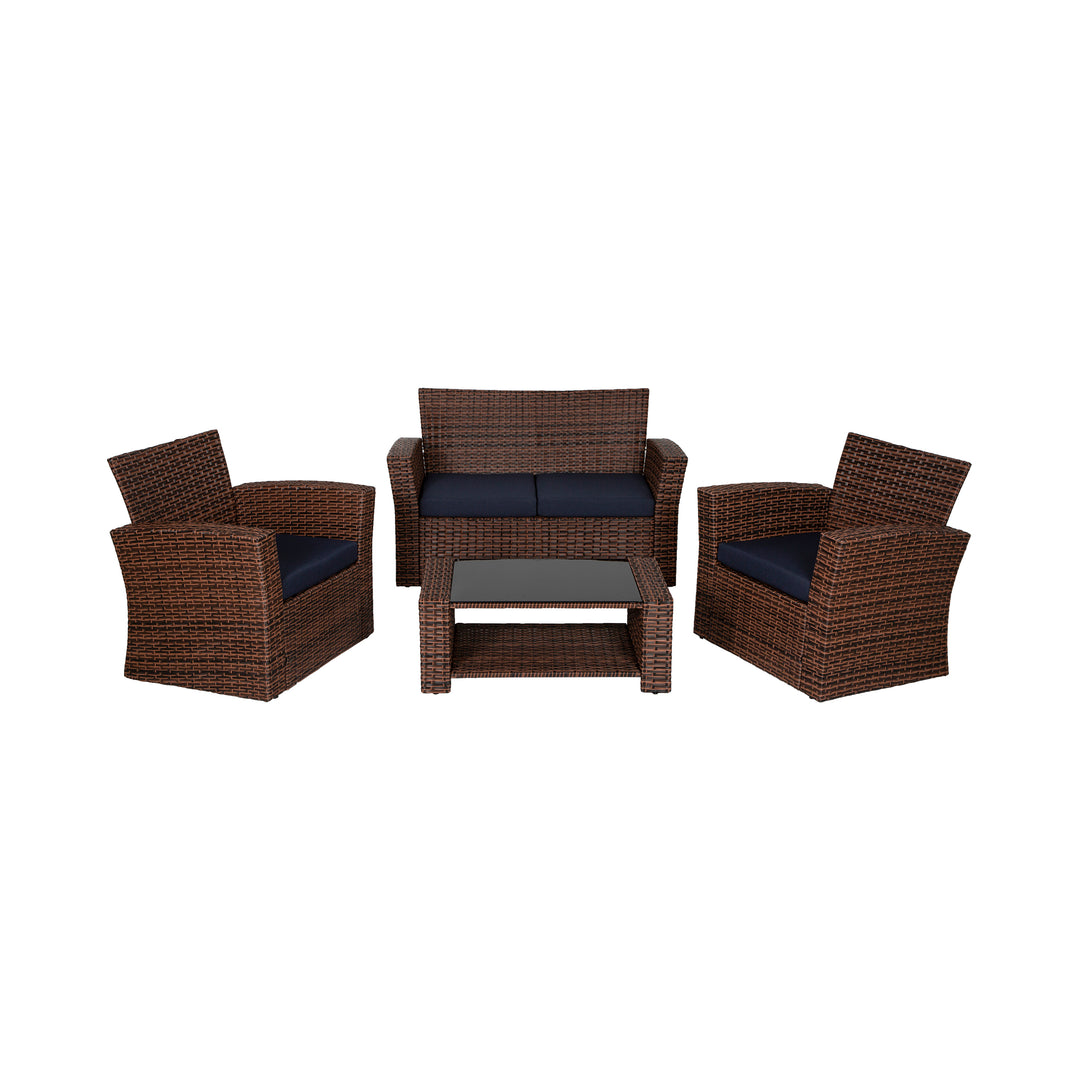 Coastal 4-Piece set Brown color base Outdoor / Patio Wicker Rattan Conversation Sofa set with cushions and a Coffee table ( 4 seater )