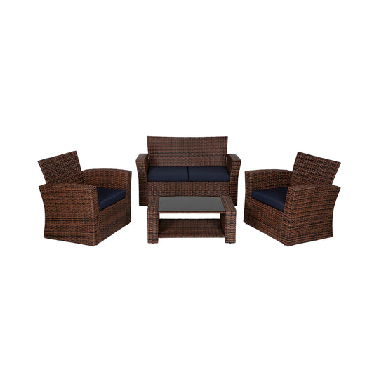 Coastal 4-Piece set Brown color base Outdoor / Patio Wicker Rattan Conversation Sofa set with cushions and a Coffee table ( 4 seater )