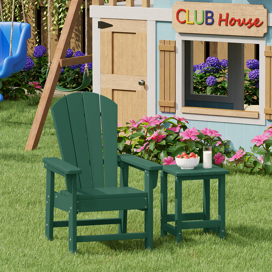 Malibu 2-Piece Kids Outdoor HDPE Adirondack Chair With Square Side Table Set