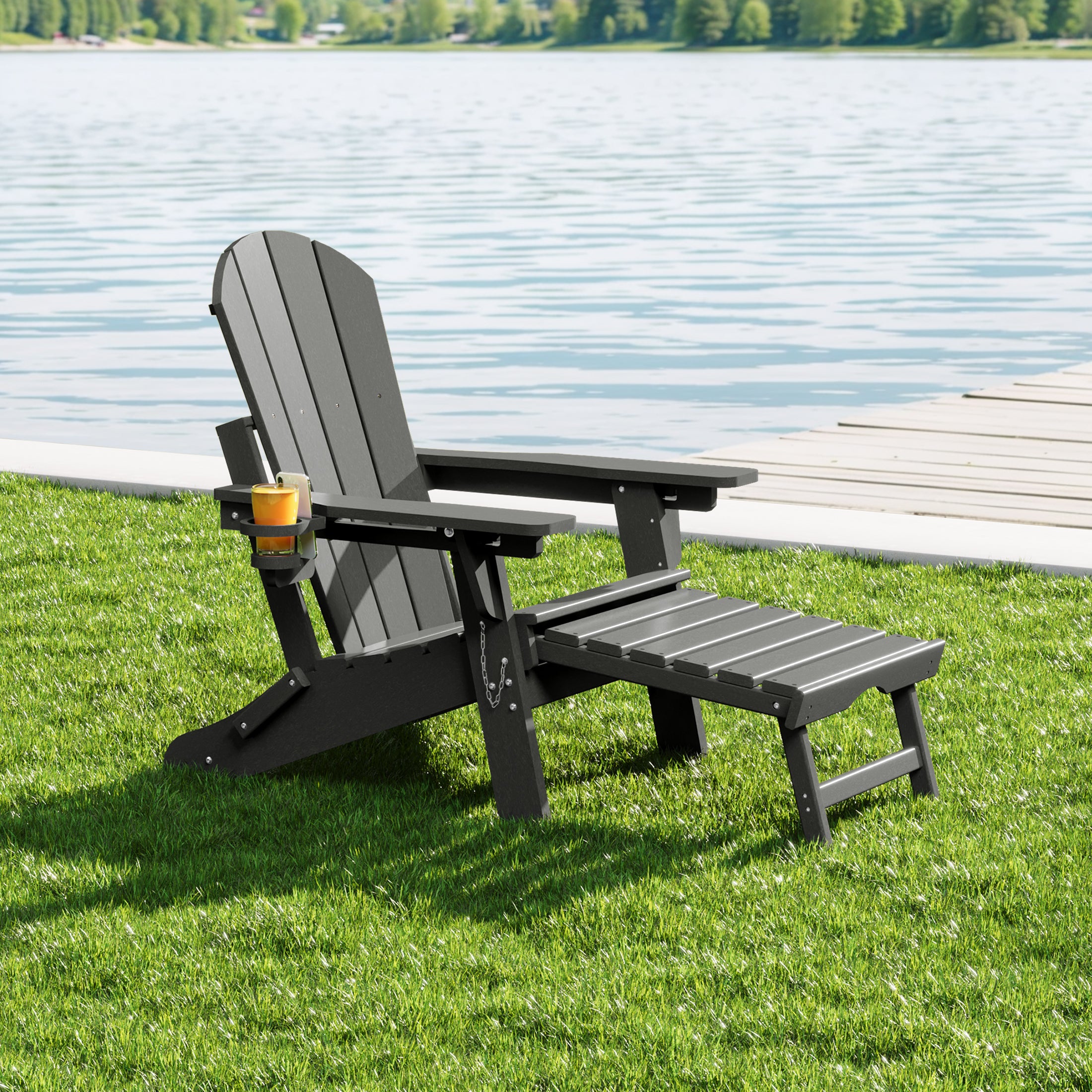 Malibu Folding Adjustable Adirondack Chair with Retractable Ottoman and Cup Holder