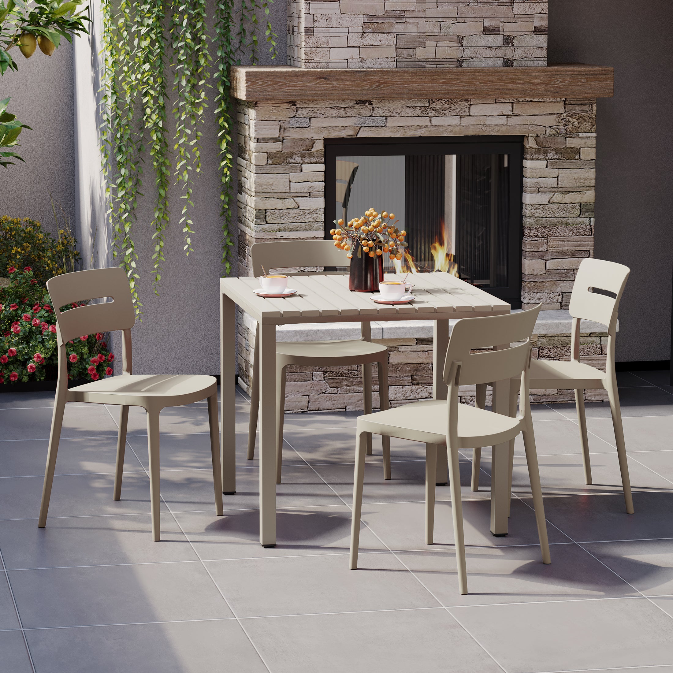 Playa 5-Piece Outdoor Metal Frame Dining Table Patio Set with Stackable Patio Dining Chairs