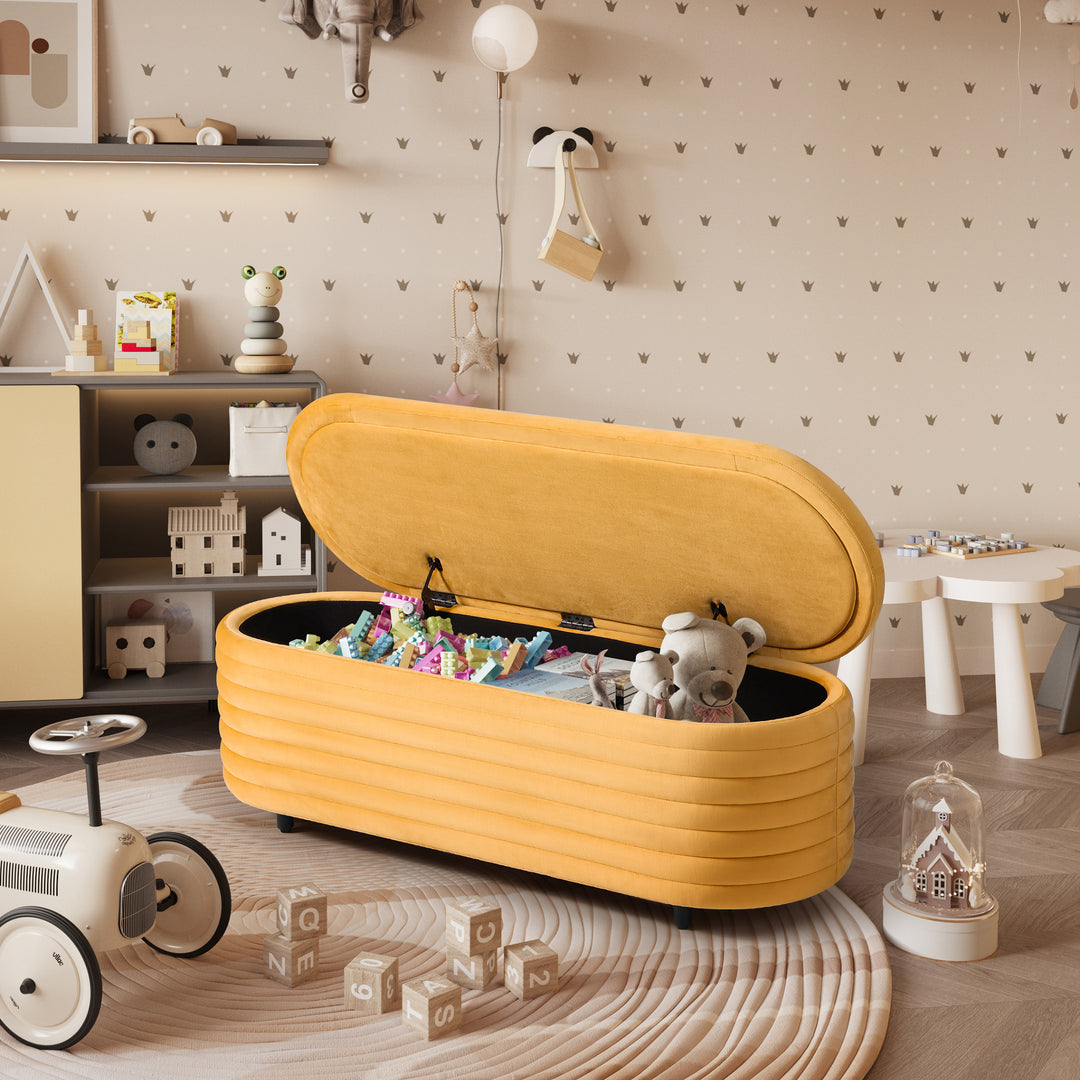 Phoebe 54" Wide Mid-Century Modern Upholstered Velvet Tufted Oval Storage Ottoman Bench