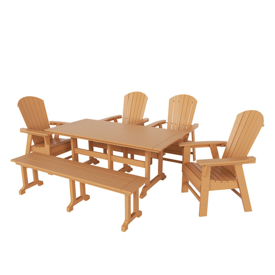 Dylan 6 Piece Outdoor Patio Rectangle Dining Table and Dining Bench Shell Back Armchair Set